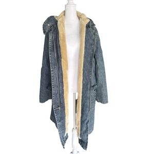 Vintage Denim Parka Faux Fur Lined Hooded Coat Trench Blue Large Crossing Pointe